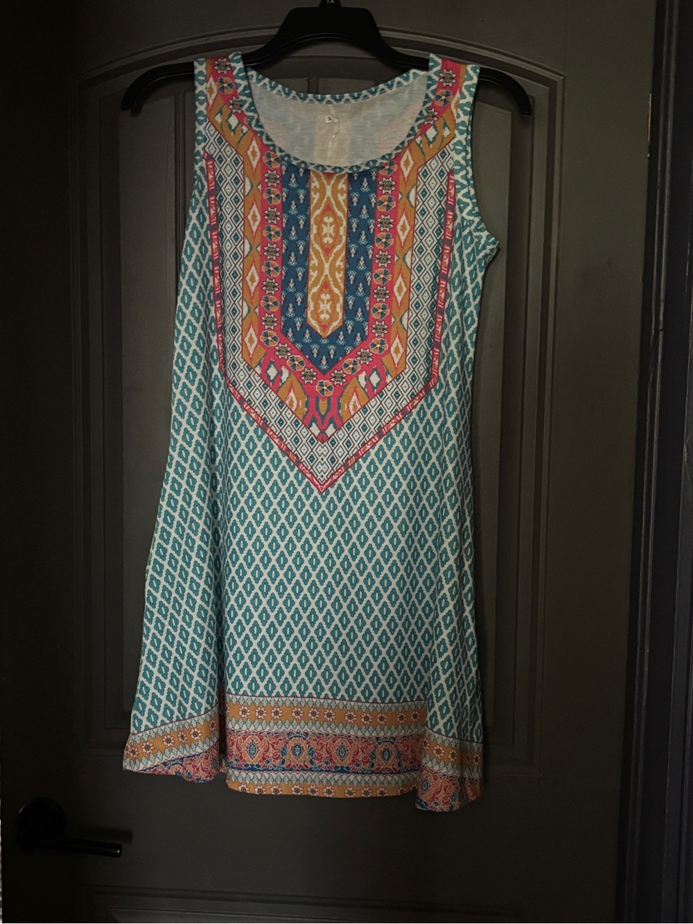 Sleeveless Teal Printed Shift Dress with Multicolor Yoke